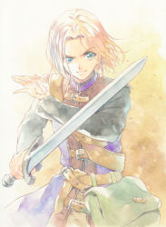 Rule 34 | 1boy, agahari, belt, brown belt, brown hair, commentary request, dragon quest, dragon quest xi, green eyes, hero (dq11), highres, holding, holding sword, holding weapon, long sleeves, looking at viewer, male focus, painting (medium), short hair, sword, traditional media, watercolor (medium), weapon