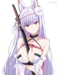 Rule 34 | 1girl, animal ears, bare shoulders, blue hair, blunt bangs, breasts, closed mouth, collarbone, detached sleeves, fox ears, fox girl, fox mask, highres, japanese clothes, kamishiro natsume, katana, kichihachi, large breasts, long hair, looking at viewer, mask, mask on head, melty+, pink eyes, simple background, smile, solo, sword, virtual youtuber, weapon, white background