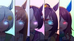 Rule 34 | 4girls, 5girls, animal ears, ao komhur, bare shoulders, blue eyes, blue jacket, brown hair, clenched hand, commentary request, domino mask, ear covers, el condor pasa (umamusume), finger to mouth, frilled shirt, frills, glowing, glowing eyes, golden generation (umamusume), gradient background, grass wonder (umamusume), grey hair, grin, hair between eyes, hair ornament, hairclip, horse ears, horse girl, jacket, king halo (umamusume), long hair, looking at viewer, mask, multicolored hair, multiple girls, open mouth, ponytail, puffy short sleeves, puffy sleeves, purple eyes, red eyes, red jacket, seiun sky (umamusume), shirt, short sleeves, sleeveless, sleeveless shirt, smile, special week (umamusume), streaked hair, teeth, tongue, tongue out, umamusume, upper body, upper teeth only, white hair, white shirt, yellow shirt