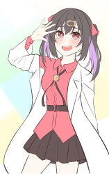 Rule 34 | :d, absurdres, black hair, black skirt, blush, bolo tie, commentary, cowboy shot, hair between eyes, hair ornament, hair ribbon, hairclip, hand up, highres, korean commentary, lab coat, liverpool0427, long hair, long sleeves, looking at viewer, multicolored hair, onii-chan wa oshimai!, open mouth, oyama mihari, purple hair, red eyes, red ribbon, red shirt, ribbon, shirt, simple background, skirt, smile, streaked hair, two-tone hair, wing collar