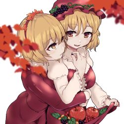 Rule 34 | 2girls, :d, aki minoriko, aki shizuha, apple, autumn leaves, berry, blonde hair, blush, breasts, brown eyes, commentary request, dress, food, food-themed hair ornament, frilled shirt collar, frills, fruit, grape hair ornament, hair between eyes, hair ornament, hairband, hand up, hat, holding, holding food, holding fruit, hug, hug from behind, juliet sleeves, leaf, leaf hair ornament, long sleeves, looking at another, marsen, medium breasts, mob cap, multiple girls, open mouth, parted lips, puffy sleeves, red dress, red hairband, red headwear, shirt, short hair, siblings, simple background, sisters, skirt basket, smile, strapless, strapless dress, touhou, upper body, white background, white shirt, yellow eyes
