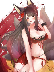 Rule 34 | 1girl, akagi (azur lane), akagi (paradise amaryllis) (azur lane), animal ears, azur lane, bikini, black bikini, blush, breasts, brown hair, cleavage, commentary, cowboy shot, flower, fox ears, fox girl, fox tail, gradient hair, hair flower, hair ornament, halterneck, highres, large breasts, long hair, looking at viewer, milo1205, multicolored hair, multiple tails, official alternate costume, open mouth, parted bangs, red bikini, red eyes, red hair, sarong, scrunchie, sidelocks, signature, simple background, smile, solo, spider lily, swimsuit, tail, two-tone hair, white background, wrist scrunchie