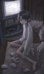 Rule 34 | 1girl, absurdres, bag, bare legs, barefoot, black hair, can, carpet, closed mouth, computer, computer tower, controller, crt, curtains, drink can, game cartridge, game console, game controller, grey eyes, hair ribbon, highres, indoors, iwakura lain, magan0301, nintendo 64, painterly, plastic bag, ribbon, serial experiments lain, short hair, sitting, sleeves past wrists, soda can, solo, static, television, video game, wooden floor, yellow ribbon