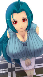 Rule 34 | 00s, amano cigusa, bad id, bad pixiv id, blue hair, breasts, cleavage, huge breasts, idolmaster, idolmaster (classic), long hair, miura azusa, open mouth, red eyes, ribbed sweater, skirt, solo, sweater