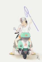 Rule 34 | 2girls, arknights, brown pants, butterfly net, cigarette, dragon horns, driving, from behind, hand net, highres, holding, holding butterfly net, horns, ifrit (arknights), license plate, moped, motor vehicle, multiple girls, orange shorts, pants, sandals, saria (arknights), shirt, short twintails, shorts, smoking, t-shirt, twintails, white hair, zhou-qianyu