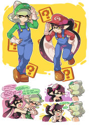 Rule 34 | + +, 2girls, adjusting clothes, adjusting headwear, arm grab, black dress, black hair, blue overalls, blush, brown footwear, callie (splatoon), company connection, cosplay, crying, detached collar, dress, earrings, fangs, flying teardrops, food, food on head, frown, gloves, gomipomi, green hat, green shirt, grey hair, hat, inkling, jewelry, long sleeves, looking at another, looking at viewer, luigi, luigi (cosplay), marie (splatoon), mario, mario (cosplay), mario (series), mole, mole under eye, multiple girls, nintendo, object on head, open mouth, overalls, parted lips, pointy ears, red hat, red shirt, shirt, shoes, splatoon (series), splatoon 1, standing, standing on one leg, strapless, strapless dress, sweatdrop, tearing up, white gloves