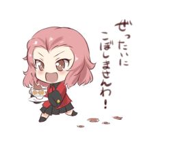 Rule 34 | 10s, 1girl, black skirt, brown eyes, chibi, commentary request, cup, failure, gale kawaii, girls und panzer, jacket, open mouth, pink hair, pleated skirt, red jacket, rosehip (girls und panzer), running, saucer, skirt, sleeves past wrists, solo, spilling, teacup, translation request, aged down