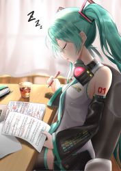 Rule 34 | 1girl, aqua eyes, aqua hair, aqua nails, aqua necktie, bag, bare shoulders, black skirt, black sleeves, black thighhighs, chair, commentary, curtains, detached sleeves, from side, glass, grey shirt, hair ornament, hatsune miku, headphones, headphones around neck, headset, highres, holding, holding paper, holding pen, itogari, long hair, miniskirt, nail polish, necktie, open mouth, paper, pen, pleated skirt, sheet music, shirt, shoulder tattoo, sitting, skirt, sleeping, sleeping upright, sleeveless, sleeveless shirt, solo, table, tattoo, thighhighs, twintails, very long hair, vocaloid, zettai ryouiki, zzz