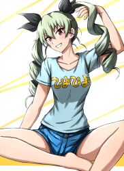 Rule 34 | 1girl, anchovy (girls und panzer), barefoot, black ribbon, blue shirt, blue shorts, clothes writing, commentary, denim, denim shorts, drill hair, girls und panzer, green hair, grin, hair ribbon, hand in own hair, head tilt, highres, indian style, long hair, looking at viewer, loungewear, omachi (slabco), ribbon, shirt, short shorts, short sleeves, shorts, sitting, smile, solo, t-shirt, translated, twin drills, twintails