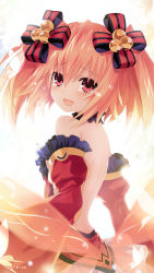 Rule 34 | 1girl, 2017, alyn (fairy fencer f), bare back, bare shoulders, blush, choker, detached sleeves, fairy fencer f, hair ornament, hair ribbon, highres, looking at viewer, official art, open mouth, orange hair, pink eyes, ribbon, short hair, smile, solo, tears, tsunako, twintails