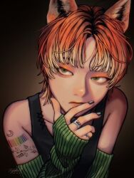 Rule 34 | 1girl, animal ears, barcode, black nails, brown background, crescent moon, crescent tattoo, detached sleeves, expressionless, gradient background, gradient hair, green eyes, green sleeves, highres, jewelry, moon, multicolored hair, orange hair, original, rainbow, ring, ry aw, shadow, solo, tattoo