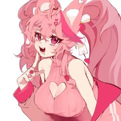 Rule 34 | 1girl, animal ears, borrowed character, breasts, cleavage, cleavage cutout, clothing cutout, drooling, fox ears, fox girl, heart, indie virtual youtuber, jacket, kireina (osiimi), large breasts, long hair, off-shoulder jacket, off shoulder, original, pink eyes, pink hair, pink jacket, ribbed sweater, saliva, second-party source, simple background, sleeveless, sleeveless sweater, sweater, twintails, ultracat, upper body, virtual youtuber, white background