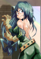 Rule 34 | 1girl, ass, asui tsuyu, bare back, blush, bodysuit, boku no hero academia, gloves, green hair, highres, long hair, looking at viewer, looking back, solo, undressing