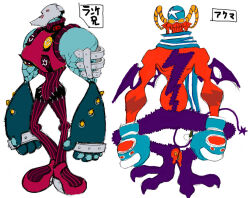 2000s_(style) aqua_gloves aqua_hat aqua_scarf bare_arms bare_shoulders barefoot black_collar body_hair boxing_gloves broad_shoulders character_request closed_mouth collar colored_skin concept_art cool_cool_toon crack cracked_wall demon_horns facing_viewer gloves goggles green_skin grey_mask gyoubu_ippei hat horns knees_apart_feet_together looking_at_viewer mask monster official_art orange-tinted_eyewear orange_skin pants pinstripe_pants pinstripe_pattern profile purple_fur purple_tail purple_wings red_footwear red_pants scarf skull smiley_face snk spikes standing star_(symbol) star_print straight-on striped_clothes striped_pants striped_scarf teeth tinted_eyewear toon_(style) translation_request two-tone_hat vertical-striped_clothes vertical-striped_pants white-framed_eyewear white_scarf white_stripes wings yellow_horns