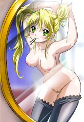 Rule 34 | 00s, 1girl, adjusting hair, aeru (simoun), blonde hair, breasts, censored, green eyes, highres, large breasts, mirror, mouth hold, nipples, nude, nude filter, pussy, simoun, solo, thighhighs, third-party edit
