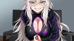 Rule 34 | 1girl, black eyes, blurry, blurry background, blush, breasts, cleavage, clenched teeth, computer, covered erect nipples, enadori oneesan to ecchi shiyo?, female focus, grey hair, hayashi cherry, highres, huge breasts, indoors, jacket, leaning forward, long hair, looking at viewer, mole, mole under mouth, monitor, original, smile, solo, teeth, unzipping, upper body, zipper