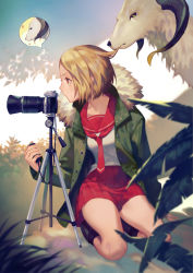 Rule 34 | 1girl, black footwear, blonde hair, blue legwear, blurry, blurry foreground, camera, closed mouth, commentary, creature, depth of field, green jacket, holding, horns, jacket, kneeling, leaf, necktie, open clothes, open jacket, original, outdoors, pleated skirt, profile, red eyes, red neckwear, red sailor collar, red skirt, sailor collar, school uniform, serafuku, shirt, shoes, short hair, skirt, socks, thought bubble, white shirt, yamakawa