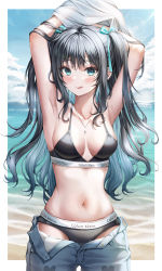 Rule 34 | 1girl, :q, armpits, arms up, bare shoulders, bikini, black bikini, black hair, blue eyes, blue pants, breasts, calvin klein, closed mouth, collarbone, cowboy shot, denim, ear piercing, earrings, hair ribbon, highres, jewelry, long hair, looking at viewer, medium breasts, mole, mole under eye, navel, necklace, open fly, original, pants, piercing, ribbon, shirt, smile, solo, standing, stomach, string bikini, swimsuit, tongue, tongue out, two side up, undressing, white shirt, wol (wol 927)