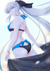 Rule 34 | 1girl, ass, back, bare shoulders, bikini, black bikini, black bow, blue bikini, blue eyes, bow, braid, breasts, butt crack, fate/grand order, fate (series), french braid, grey hair, hair bow, highres, large breasts, long hair, looking at viewer, looking back, morgan le fay (fate), ponytail, saksan123, saksan123, sarong, sidelocks, solo, swimsuit, thighs, two-tone bikini, very long hair