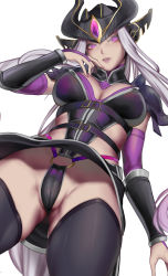 Rule 34 | breasts, cameltoe, cleavage, from below, helmet, highres, kumiko shiba, league of legends, long hair, medium breasts, nail polish, parted lips, purple eyes, solo, syndra, thighhighs, upskirt, white hair