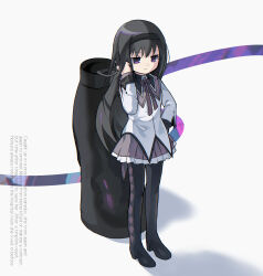 Rule 34 | 1girl, akemi homura, argyle, argyle clothes, argyle legwear, black footwear, black hair, black hairband, english text, expressionless, frilled skirt, frills, from above, hairband, hand in own hair, hand on own hip, highres, long hair, long sleeves, looking down, mahou shoujo madoka magica, mahou shoujo madoka magica (anime), morizo (morizoshop), pantyhose, pleated skirt, purple eyes, purple ribbon, ribbon, shirt, simple background, skirt, solo, white shirt