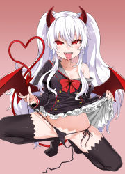 Rule 34 | 1girl, asanagi, black dress, black panties, black thighhighs, blush, bow, bowtie, buttons, clothes lift, collarbone, commentary request, crossed bangs, dark persona, demon girl, demon horns, demon tail, demon wings, double-breasted, dress, dress lift, drooling, evo grim, eyes visible through hair, fang, fingernails, full body, gradient background, grim aloe, groin, hair between eyes, heart, heart tail, highres, horns, juliet sleeves, long hair, long sleeves, looking at viewer, low wings, naughty face, navel, no shoes, off shoulder, open mouth, panties, pink background, puffy sleeves, quiz magic academy, quiz magic academy the world evolve, red bow, red bowtie, red eyes, red wings, sailor dress, saliva, side-tie panties, sidelocks, simple background, single bare shoulder, smile, solo, spread legs, squatting, tail, thighhighs, tongue, tongue out, twintails, underwear, untied panties, untying, very long hair, white hair, wings
