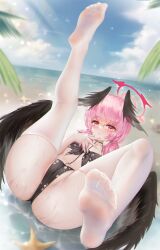 Rule 34 | 1girl, angel, animal ears, ass, barefoot, beach, bikini, bird, black bikini, black wings, blue archive, blue sky, blush, breasts, cameltoe, cloud, cloudy sky, day, feathered wings, feet, feet up, foot focus, foreshortening, front-tie top, full body, halo, head wings, highres, kamue, koharu (blue archive), koharu (swimsuit) (blue archive), legs, legs up, lens flare, long hair, looking at viewer, lying, no shoes, ocean, on back, outdoors, panties, parted lips, pink eyes, pink hair, red eyes, see-through, sky, small breasts, soles, solo, spread legs, starfish, swimsuit, tail, thighhighs, thighs, toes, twintails, underwear, water, wet, white thighhighs, wings