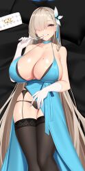 Rule 34 | 1girl, absurdres, alternate costume, asuna (blue archive), black panties, blonde hair, blue archive, blue eyes, blush, bra, breasts, chixiao, cleavage, garter belt, gloves, grin, hair over one eye, halo, highres, huge breasts, lace trim, lingerie, long hair, looking at viewer, mole, mole on breast, panties, seductive smile, skindentation, smile, solo, thighhighs, underwear, white gloves