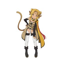 Rule 34 | 1girl, :3, alicia rue, animal ears, bell, black footwear, black sleeves, blonde hair, boots, breasts, brown eyes, cape, cat ears, cat tail, choker, cleavage, detached sleeves, full body, hair intakes, hand on own hip, hand on knee, hand on own knee, highres, leaning forward, long sleeves, looking at viewer, official art, panties, short hair with long locks, showgirl skirt, small breasts, smile, solo, standing, sword art online, tail, thighhighs, transparent background, two side up, underwear, white panties, white thighhighs, yellow cape