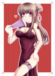 Rule 34 | 00s, 1girl, alternate costume, alternate hairstyle, bad id, bad pixiv id, bare shoulders, breasts, brown hair, china dress, chinese clothes, cleavage, cleavage cutout, clothing cutout, dress, hand fan, gloves, hand on own hip, heart, highres, hip focus, long hair, miki souya, mikisouya, pandora hearts, purple eyes, sharon rainsworth, side slit, skindentation, smile, solo, thigh strap