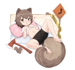 Rule 34 | 1girl, animal ears, arknights, ass, axe, barefoot, batazungharn, bike shorts, black shorts, brown eyes, brown hair, clothes lift, feet, fire axe, heart, highres, knees up, legs, lifted by self, looking at viewer, lying, navel, on back, open mouth, pillow, shaw (arknights), shirt, shirt lift, short hair, short sleeves, shorts, soles, spread legs, squirrel, squirrel ears, squirrel girl, squirrel tail, stomach, tail, thighs, toes, white shirt