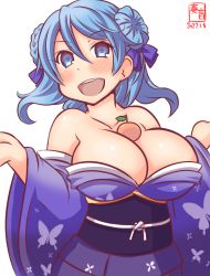 Rule 34 | 1girl, alternate costume, animal print, artist logo, between breasts, blue eyes, blue hair, breasts, butterfly print, cleavage, collarbone, dated, double bun, food, fruit, hair between eyes, hair bun, hair ribbon, japanese clothes, kanon (kurogane knights), kantai collection, kimono, large breasts, long sleeves, medium hair, obi, one-hour drawing challenge, orange (fruit), ribbon, sash, simple background, solo, urakaze (kancolle), white background