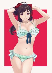 Rule 34 | 1girl, armpits, bad id, bad twitter id, bikini, border, breasts, brown hair, cleavage, collarbone, cowboy shot, frilled bikini, frills, front-tie top, hair ornament, hairclip, highres, holding, holding hair, kantai collection, large breasts, long hair, mamiya (kancolle), ojipon, red background, red eyes, solo, standing, swimsuit, two-tone background, white bikini, white border