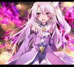 Rule 34 | 1girl, :d, blood, commentary, detached sleeves, dress, earrings, energy wings, fate/kaleid liner prisma illya, fate (series), hair between eyes, hair ornament, illyasviel von einzbern, jewelry, letterboxed, long hair, looking at viewer, magical girl, one side up, open mouth, pink dress, pink eyes, pink hair, prisma illya (zwei form), smile, solo, star (symbol), star earrings, star hair ornament, tsuezu