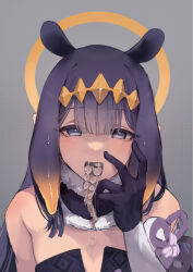 Rule 34 | 1girl, bare shoulders, gloves, half-closed eyes, halo, hand up, highres, hololive, hololive english, long hair, looking at viewer, mochiyuki (gigfor1), ninomae ina&#039;nis, ninomae ina&#039;nis (1st costume), open mouth, purple eyes, purple gloves, purple hair, saliva, simple background, solo, tentacle tongue, upper body, virtual youtuber