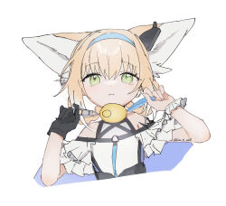 Rule 34 | 1girl, animal ears, arknights, bare shoulders, black gloves, blonde hair, closed mouth, crime prevention buzzer, cropped torso, expressionless, flat chest, gloves, green eyes, hair rings, hairband, highres, infection monitor (arknights), inu to milk, looking at viewer, parody, pose imitation, short hair, shukusei!! loli-gami requiem, single glove, single wrist cuff, smile, solo, suzuran (arknights), twitter username, typo, upper body, wrist cuffs