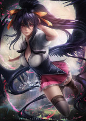 Rule 34 | 1girl, asymmetrical wings, axsen, black hair, black thighhighs, black wings, blush, breasts, cleavage, corset, demon wings, feathered wings, floating hair, flying, full body, hair ribbon, hand on own head, high school dxd, highres, himejima akeno, large breasts, long hair, looking at viewer, no shoes, orange ribbon, parted lips, patreon username, petticoat, pink skirt, ponytail, purple eyes, ribbon, shirt, short sleeves, sidelocks, signature, skindentation, skirt, smile, solo, thighhighs, very long hair, watermark, web address, white shirt, wings