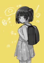 Rule 34 | 1girl, backpack, bag, blush, c (theta), greyscale with colored background, highres, idolmaster, idolmaster million live!, light smile, looking at viewer, looking back, nakatani iku, one side up, patterned clothing, randoseru, short hair, solo, yellow background