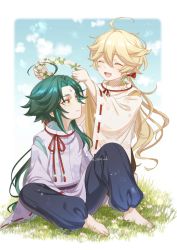 Rule 34 | 2boys, aether (genshin impact), aged down, ahoge, alternate hairstyle, aqua hair, ar (rikuesuto), barefoot, blonde hair, child, closed eyes, closed mouth, earrings, facial mark, floral print, forehead mark, genshin impact, grass, green hair, hair between eyes, head wreath, japanese clothes, jewelry, long hair, long sleeves, male focus, multicolored hair, multiple boys, open mouth, ribbon-trimmed sleeves, ribbon trim, single earring, sitting, smile, twitter username, wide sleeves, xiao (genshin impact), yaoi, yellow eyes
