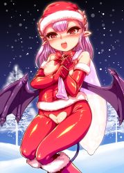 Rule 34 | 1girl, bat wings, betoko, blush, breasts, christmas, cleft of venus, condom, cum, demon girl, demon tail, elbow gloves, gloves, harigane shinshi, highres, horns, long hair, nipples, open mouth, original, pointy ears, pussy, red eyes, small breasts, smile, solo, tail, thighhighs, uncensored, used condom, wings