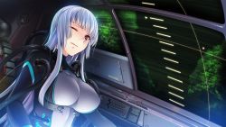 Rule 34 | 1girl, android, blue hair, bodysuit, breasts, cable, game cg, gun knight girl, large breasts, long hair, looking at viewer, red eyes, science fiction, sitting, solo, sumeragi kohaku, takato sayako, tree, wince, wink