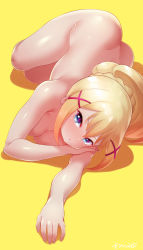 Rule 34 | 1girl, artist name, ass, blonde hair, blue eyes, blush, born-to-die, breasts, butt crack, cleavage, darkness (konosuba), dimples of venus, female focus, full body, hair ornament, highres, kono subarashii sekai ni shukufuku wo!, long hair, looking at viewer, medium breasts, nude, open mouth, ponytail, shiny skin, simple background, x hair ornament, yellow background