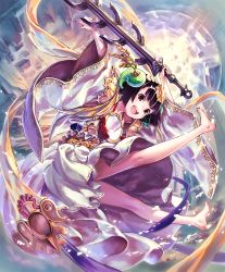 Rule 34 | 1girl, :d, amaterasu (shadowverse), artist request, barefoot, black hair, cygames, full body, gold trim, hair ornament, happy, mirror, official art, open mouth, red eyes, shadowverse, shingeki no bahamut, short hair, smile, solo, sword, weapon, wide sleeves