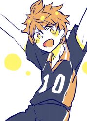 Rule 34 | 1boy, arms up, black shorts, black skirt, blush stickers, circle, collar, collared shirt, commentary request, haikyuu!!, hanada hyou, hinata shouyou, limited palette, looking at viewer, male focus, messy hair, open mouth, orange collar, orange hair, outstretched arms, shirt, short hair, short sleeves, shorts, skirt, smile, solo, sportswear, v-shaped eyebrows, volleyball uniform, white background