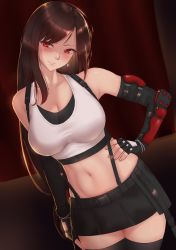Rule 34 | 1girl, absurdres, bare shoulders, black skirt, black tank top, black thighhighs, blush, breasts, brown hair, cleavage, collarbone, dutch angle, elbow gloves, elbow pads, final fantasy, final fantasy vii, final fantasy vii remake, fingerless gloves, genkung, gloves, hand on own hip, head tilt, highres, large breasts, light smile, long hair, looking at viewer, low-tied long hair, midriff, miniskirt, navel, pleated skirt, red eyes, seductive smile, skirt, smile, solo, stomach, suspender skirt, suspenders, swept bangs, tank top, thighhighs, tifa lockhart, very long hair, white tank top, zettai ryouiki