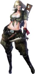 Rule 34 | 1girl, blonde hair, breasts, cleavage, contra, contra: evolution, erica ricci, full body, green eyes, gun, large breasts, midriff, official art, solo, standing, weapon