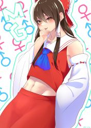 Rule 34 | 1boy, ascot, blue ascot, bow, brown eyes, brown hair, collared shirt, commentary request, cookie (touhou), cowboy shot, detached sleeves, frilled bow, frilled hair tubes, frills, hair between eyes, hair bow, hair tubes, hakurei reimu, highres, long hair, looking at viewer, makaarami, male focus, mars symbol, midriff, mugi (cookie), navel, red bow, red shirt, red skirt, ribbon-trimmed sleeves, ribbon trim, shirt, sidelocks, skirt, skirt set, sleeveless, sleeveless shirt, smile, solo, tongue, tongue out, touhou, trap, venus symbol, white sleeves, wide sleeves