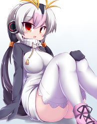 Rule 34 | 10s, 1girl, ass, boots, breasts, hand on own knee, headphones, highres, jacket, kemono friends, long hair, looking at viewer, medium breasts, multicolored hair, open mouth, pink footwear, red eyes, royal penguin (kemono friends), simple background, sitting, solo, tail, tatuyayosi, tsurime, turtleneck, twintails, white legwear