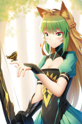 Rule 34 | 1girl, ahoge, animal ears, atalanta (fate), blush, bow (weapon), breasts, brown hair, bug, butterfly, cleavage, closed mouth, dyed bangs, fate/apocrypha, fate/grand order, fate (series), fox ears, green eyes, green hair, highres, holding, holding bow (weapon), holding weapon, insect, ji dao ji, large breasts, long hair, looking away, multicolored hair, smile, solo, two-tone hair, weapon