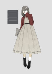 Rule 34 | 1girl, absurdres, arm behind back, belt, black eyes, black footwear, black hair, blush, book, brown dress, covering own mouth, dress, eyes visible through hair, grey background, hanatsuki, highres, holding, holding book, holding notebook, medium hair, notebook, original, personification, simple background, sleeves past fingers, sleeves past wrists, solo